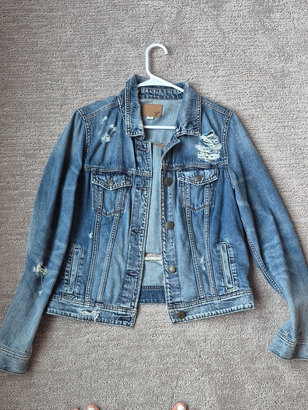 American Eagle Outfitters Light Blue Denim Jacket with Brown Patch